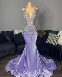 Lichte paarse fluwelen mermiad prom -jurken voor zwarte meisjes luxe kralen spaghetti diploma -jurken jurken jurken jurken