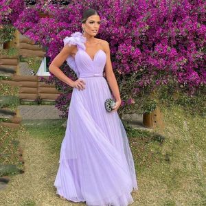 Licht paarse vrouwen avondjurk 2023 sexy een schouder ruches bloemen a-line tule prom formal jurken abendkleider dubai robe de soiree
