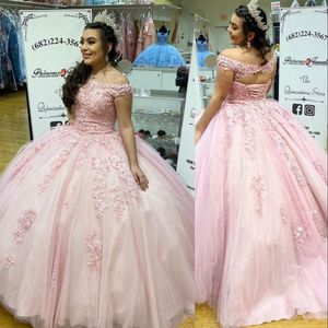 Licht sexy mode roze quinceanera jurken off schouder tule kanten kristallen kralen korset rug baljurk plus size feest prom avondjurken s s