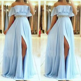 Lichte hemel blauw 2019 prom jurken kralen riem sexy een lijn vrouwen lange side spleet chiffon goedkope avondjurken