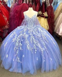 Bleu Ciel Clair 2022 Robes De Quinceanera Avec Wrap Fleur Spaghetti Col En V Dentelle Appliqued Robes De Bal Sweet 15 Vestidos 16 Robe De Bal