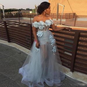 Light Sky Blue 3D Flower Prom Dresses 2021 Sexy Off The Shoulder Tulle See door Evening Jassen Plus Size Robe de Soiree