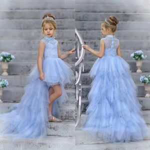 Light Sky Blue A Line Tiered Flower Girl Vestidos para vestidos de concurso para niños con cuentas de bodas con tren de tren de tren desmontable Vestido de graduación de niños con lentejuelas