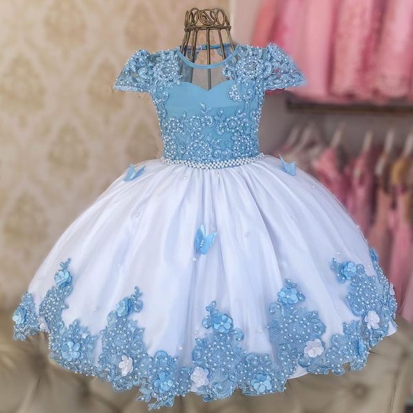 Cielo claro azul y blanco vestidos de flores para niñas Apliques de encaje perlas fiesta infantil vestido de bola de mariposa vestido de fiesta infantil 326 326