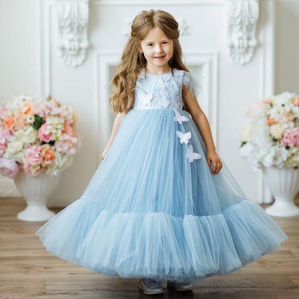 Vestidos de niña de flores con apliques azul cielo claro para una línea plisada vestidos de desfile de bodas tul hasta el tobillo vestido de primera comunión