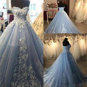 Light Sky Blue Ball Gown 3D Flower Prom Vestidos Sweetheart Lace Appliques Beads Country Arty Dress Tulle Vestidos De Novia282m