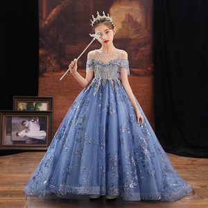 Bleu ciel clair robe de bal perles robes de demoiselle d'honneur pour le mariage Appliqued Pageant robes bébé long train Tulle perlé cristal première princesse Communion robe d'anniversaire