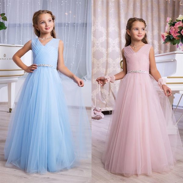 Light Sky Blue Blush Pink Little Girls Vestidos formales para eventos Vestidos 2019 Plisado con cuello en V Vestidos largos para damas de honor con flores lindas Gi155P