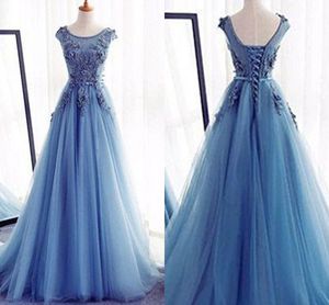 Bleu ciel clair taille empire robes de bal longue 2019 encolure bateau à manches courtes appliques perlées a-ligne robes de soirée robe d'occasion spéciale