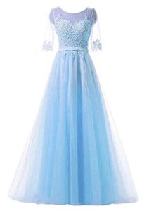 Lichte hemel blauwe vloer lengte bruidsmeisje jurken tule meid van eer met applique a-line halve mouwen eer Bruidsjurken voor de tuin