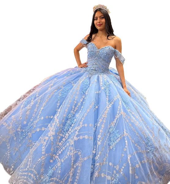 Hellhimmelblaues, geblümtes Quinceanera-Kleid 2023, Schleife, Übergröße, Ballkleid, Maskerade, Prinzessin, Mädchen, glitzernd, lang, süßer 16-Abschlussball für 15 Jahre, schulterfrei, Quitte, 15 Perlen