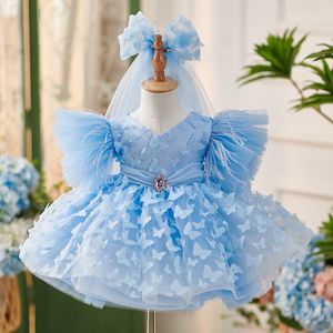 Lichte hemelsblauw bloemenmeisje jurken voor bruiloft diamant vlinder Appliques baljurk Appliqued Pageant -jurken Tutu Princess Party TULLE EERSTE HEILIGE Communie