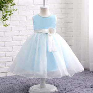 Robes à fleurs bleu ciel clair pour filles, pour mariage, princesse, ceinture à nœud, fleur faite à la main, robe d'anniversaire pour enfants, robes Tutu mignonnes