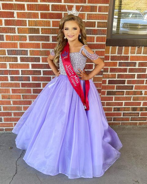 Vestido de desfile de niña azul cielo claro 2023 Perlas con cuentas Corpiño Organza Niños pequeños Correas de cumpleaños Lavanda Vestidos de fiesta formales 272t