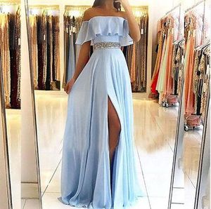 lichte hemel blauwe prachtige a-lijn strapless formele jurk jurken kralen riem vrouwen lange prom jurken side spleet chiffon 2019 vloer lengte
