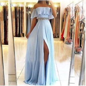 bleu ciel clair magnifique a-ligne sans bretelles robe de soirée formelle robes ceinture de perles femmes longues robes de bal fente latérale longueur de plancher en mousseline de soie