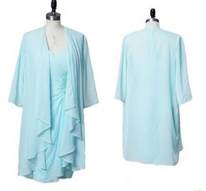 Light Sky Blue Longitud de la rodilla Barato Madre de la novia Vestidos de novio Tallas grandes Manga larga con chaquetas Gasa con cuentas Vestidos formales de noche