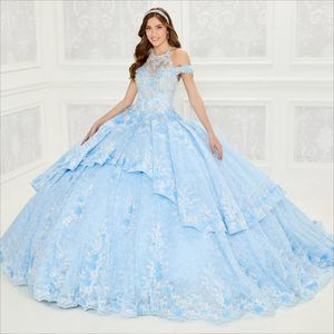 Lichte hemelsblauwe kanten baljurk Quinceanera jurken Appliqued Halter halslijn kralen promjurken gelaagde sweep trein zoet 15 maskerade jurk