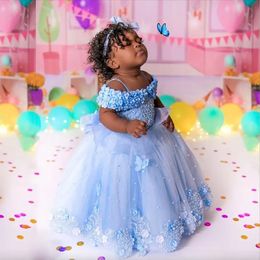 Lichte hemelsblauw kanten bloemenmeisje jurken voor bruiloft d Appliqued Ball Jurk Toddler Pageant -jurken Tule Pearls vloer Lengte Kinderen Verjaardag jurk