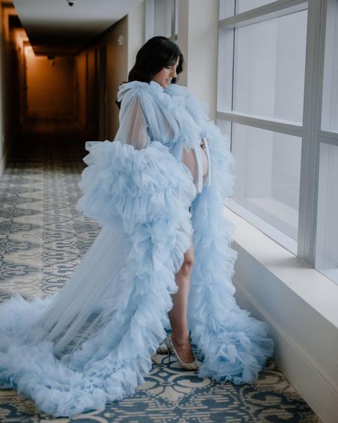 Robe de maternité bleu ciel clair Robes pour séance photo ou baby shower Ruffle Tulle Chic femmes robes de bal volants à manches longues photographie Robe robes de soirée