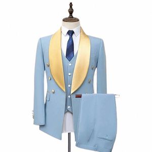 Costume pour hommes bleu ciel clair Double boutonnage Blazer masculin Ensembles Tuxedos Châle Revers Mariage Marié Porter avec gilet veste et pantalon s3zL #