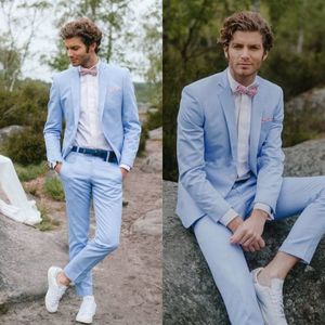 Trajes de hombre azul cielo claro Esmoquin de boda de campo Hombres Traje formal informal Traje de novio Trajes de graduación jóvenes (chaquetas + pantalones)