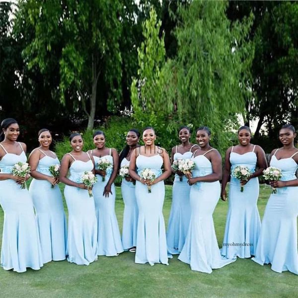 Light Sky Blue Bridemaid Bridesmaid Robes Spaghetti Appliques Garden Country African Wedding Guest Party Gowns Maid of Honor robe B142 0510