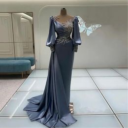 Vestido de fiesta de satén de sirena azul cielo claro, vestidos de noche sexis con escote redondo y cuentas, vestido de fiesta de manga larga, bata de Mariee YD