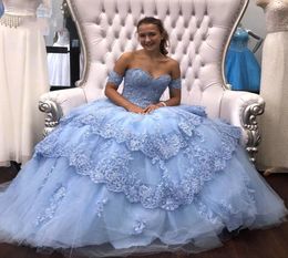 Light Sky Blue Modest Lace Ball Vestido Quinceanera Prom Dresses Sequínas apliques Tulle Off the Shoulse Formal Formal Sweet 16 Dress3393324