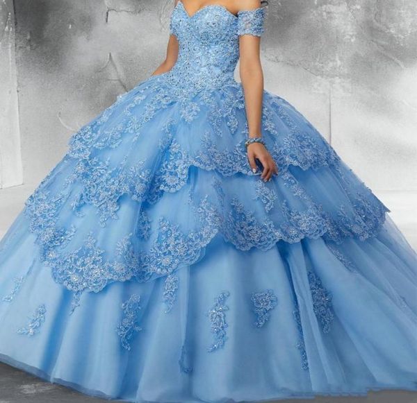 Light Sky Blue Modest Lace Ball Vestido Quinceanera Prom Dresses Sequins apliques Tulle Off the Shoulder Formal Formal Sweet 16 Dress5693684