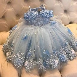 Robes de concours de filles bleu ciel clair perles appliquées robe de fille de fleur perlée pour les mariages enfants longues robes de bal d'anniversaire princesse