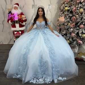 Licht Hemelsblauw Prinses Quinceanera Jurk 2024 Off Schouder Applicaties Kant Kralen Pailletten Party Sweet 16 Gown Vestidos De 15 anos