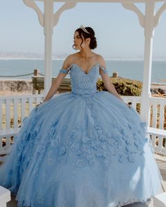 Light Sky Blue Quinceanera Dress 2023 3D Flowers Beading Lace Tulle Puffy Sweet 16 Vestidos Vestidos De 15 Anos Lace-Up Corset Back Off-Shoulder Princess Charro Mexican