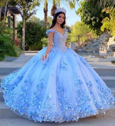 Robes de Quinceanera bleu ciel clair, robe de bal, épaules dénudées, fleurs roses 3D, bouffantes, douce 16, robes de soirée de célébrité, remise de diplôme