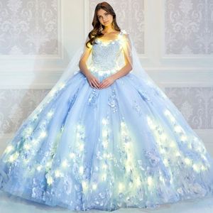 Licht Hemelsblauw Quinceanera Jurken Sparkly Tule Uit De Schouder 2024 Prinses 3D Bloemen Baljurk Vestido De 15 Anos Sweet 16