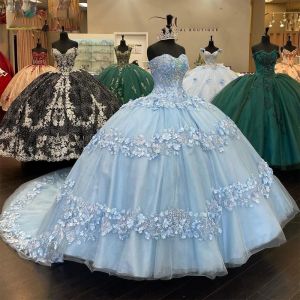 Robes de Quinceanera bleu ciel clair avec des appliques florales 3D épaules dénudées à lacets Corset bal doux 16 robe vestidos de 15