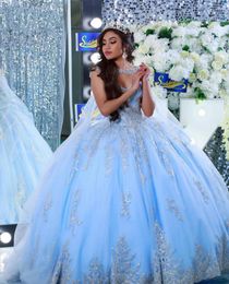 Lichte hemel blauwe quinceanera jurken met cape-applique veter-up corst zoete 16 jurk 2022 vestidos de 15 años prom masquerade jurken