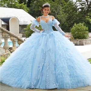 Robes de Quinceanera bleu ciel clair avec train détachable gonflé à plusieurs niveaux mexicain doux 16 robe de bal à manches longues princesse filles robe d'anniversaire