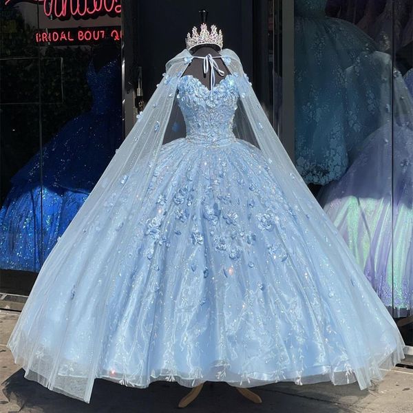 Bleu ciel clair Quinceanera Sweet 16 robes dentelle Applique 3D fleur hors épaule à lacets robes de bal de bal Graduation