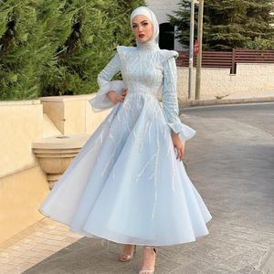 Lichte hemelsblauw lovertjes prom -jurken Applique moslim avondjurken met lange mouwen hoge halslijn enkellengte organza speciale gelegenheid formele slijtage