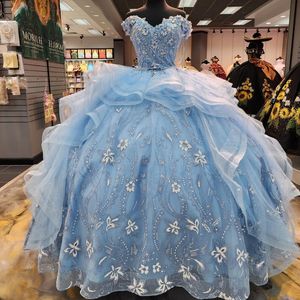 Light Sky Blue Shiny Princess Quinceanera Dress Off Shoulder Apliques Lentejuelas Flores Party Sweet 16 Vestidos De 15 Anos