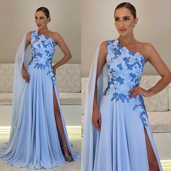 Vestidos de fiesta con abertura lateral en azul cielo claro Una línea Vestidos de noche de manga larga Vestido formal de gasa con apliques hasta el suelo con un hombro