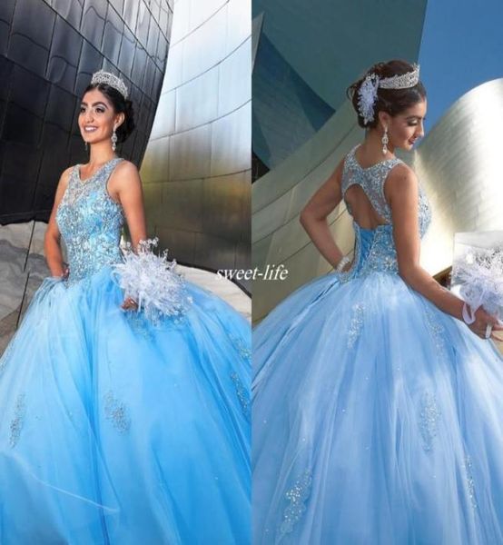 Light Sky Blue Sweet 1516 Party Débutantes Boes Backless Hice Neck Crystals Sparkly Sequins Tulle 2019 Quinceanera Dress 2291867