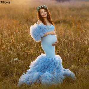 Lichte hemelsblauwe tule zwangerschap gewaden met ruches donzige mouwen prom -jurken voor zwangere vrouwen slanke fit lange zeemeermin vestidos formele feestjurken fotoshoot cl2201