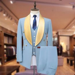 Tuxedos de mariage bleu ciel clair, costumes à un bouton pour hommes, ensembles 3 pièces, blazer à revers châle, costume formel avec veste, gilet et pantalon