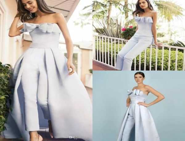 Light Sky Blue Women Jumpsuits con tren de tren desmontable Cuello sin tirantes Cuello elegante Partido de vestidos de fiesta Vestidos de noche formales Satin Sobrek4724409