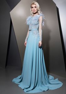 Light Sky Blue Ziad Nakad Feather Avondjurken Bateau Neck A Line Beaded Lange Mouwen Prom Toga Vloer Lengte Lovertjes Formele Jurk