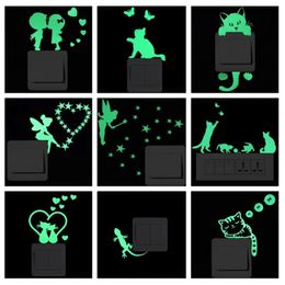 Interrupteur de lumière autocollant autocollants muraux lumineux dessin animé lueur dans le noir autocollant décalcomanie pour chambre d'enfants décoration décor à la maison chat fée