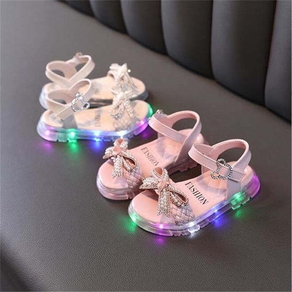 Sandalias iluminadas para niñas, zapatos para niños con lazo de verano para bebés, zapatos luminosos de fondo suave para niños, sandalia 220527