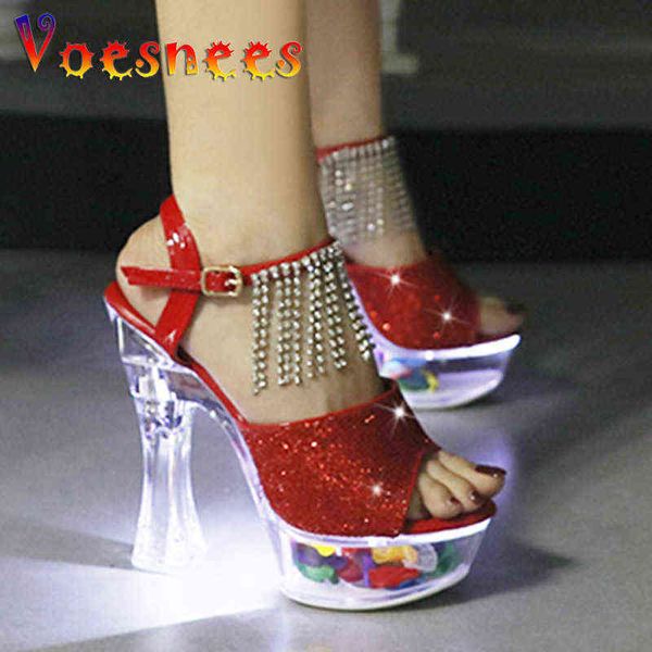 Ilumine el brillante diamante borlas zapato mujer luminosa transparente pétalo plataforma sandalias 14 cm tacón alto mujeres pole dance zapatos Y220211